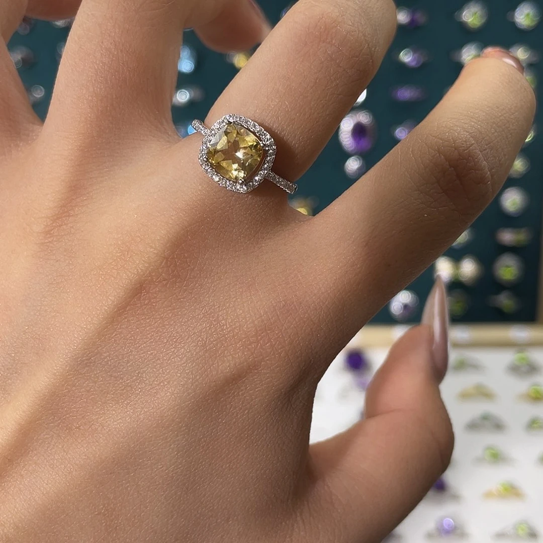 黄晶戒指银S925镶嵌经典方糖