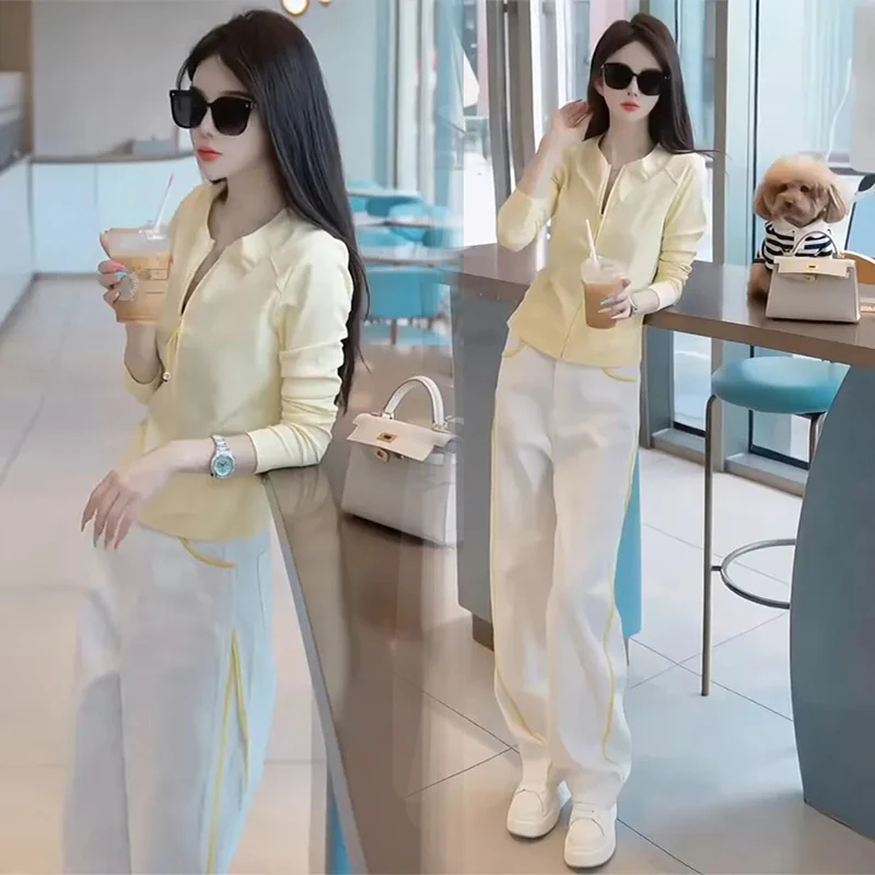 休闲时尚撞色网红炸街春秋装修身长袖上衣宽松阔腿裤炸街两件套