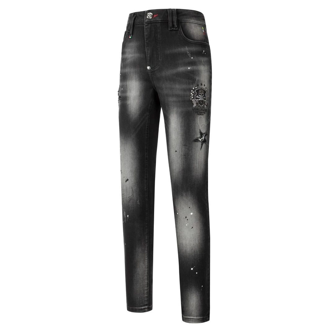 PHILIPP PRO冬季新款石磨中腰高腰修身泼墨牛仔裤金属时尚水洗男