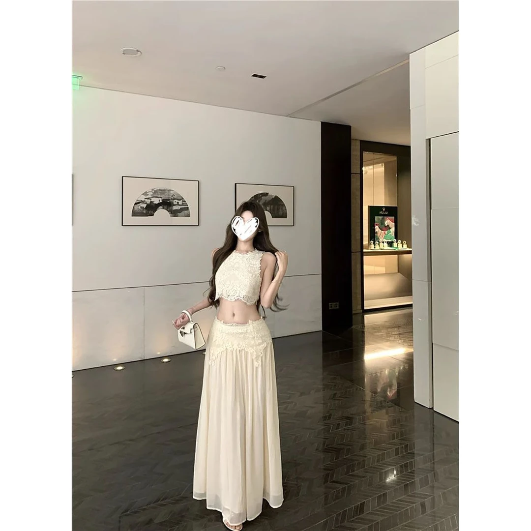 【卢浮幻境】优雅甜美精致睫毛蕾丝上衣+长裙套装女/后背拉链款