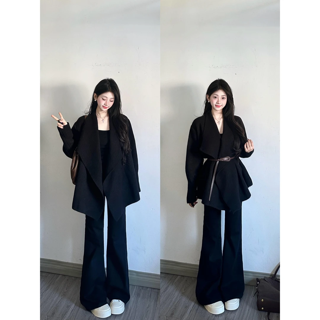 INS CEC秋季新款不规则黑色翻领外套上衣高腰显瘦微喇牛仔裤套装