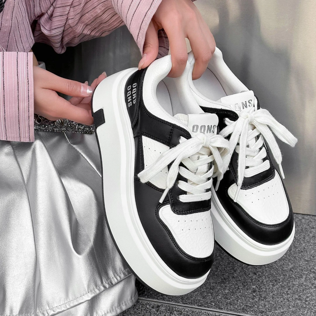 四季真皮厚底增高时尚女鞋加绒运动熊猫色小白鞋学生休闲百搭爆款