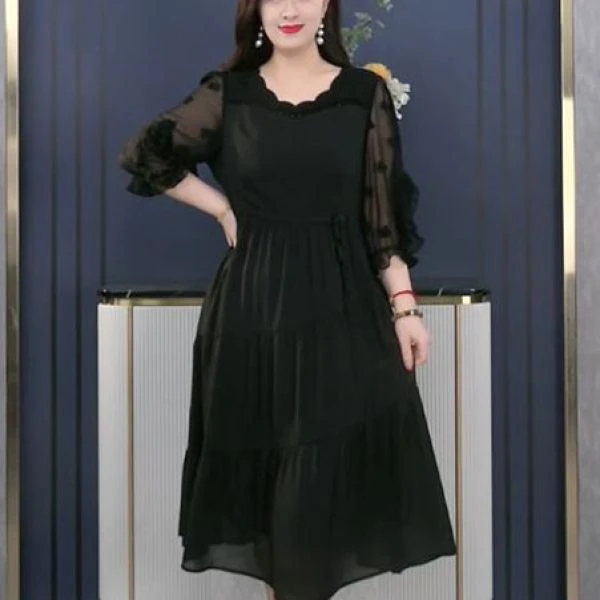 胖大盈大码女装2025夏季显瘦气质长袖时尚黑色中长款连衣裙250801