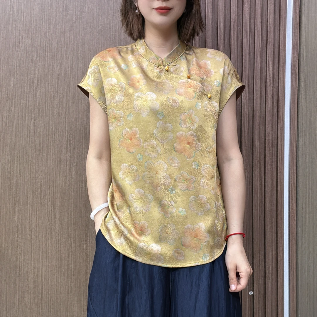 【小雅原创】（明黄色-水云间）时尚经典严选新中式盘扣国风落肩上衣
