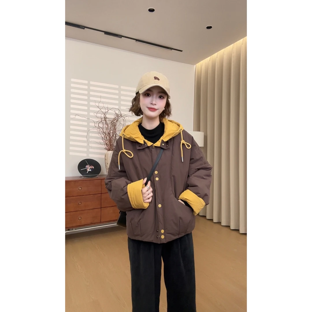 【张小九】冬季连帽撞色拼接厚款宽松保暖ins风棉服双面穿外套Z2077