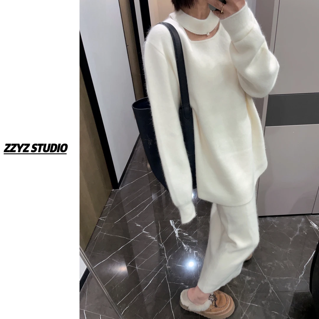【ZZYZ】“雾白格调”设计感珍珠挂脖软糯毛衣➕软糯针织半身裙套装