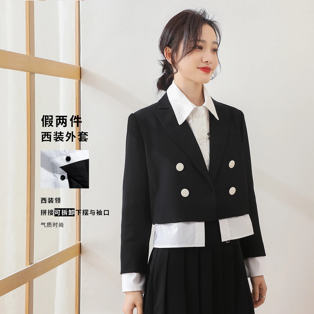 【拼接外套】春季翻领双排扣短款小个子通勤西装上衣女TA116015