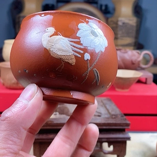 紫砂茶杯朱泥荷花白鹭杯微瑕