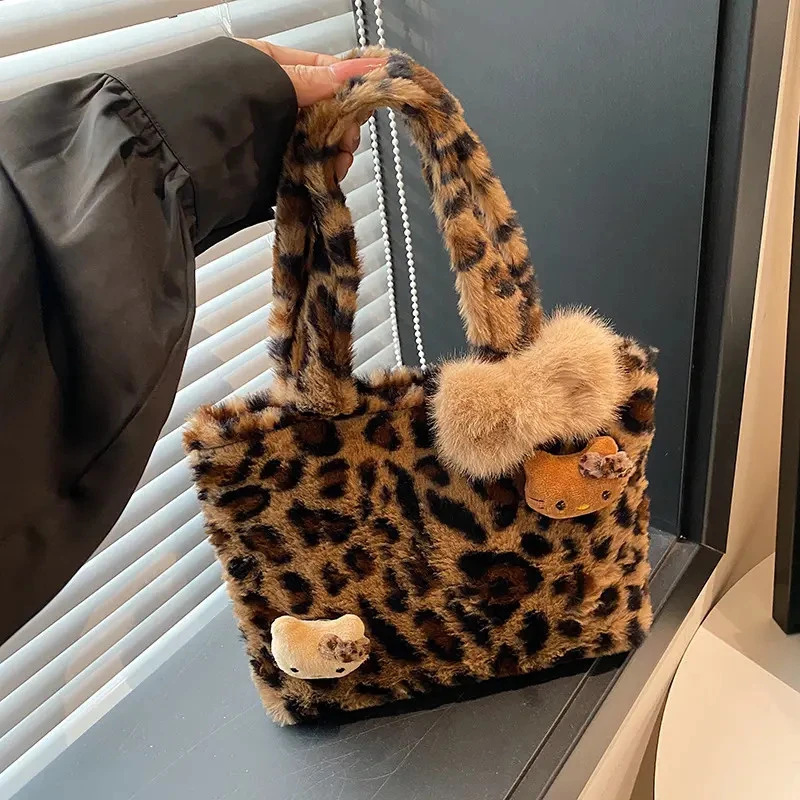 美拉德毛绒豹纹Kitty手提包可爱通勤包小众古着感手拎包外出便携