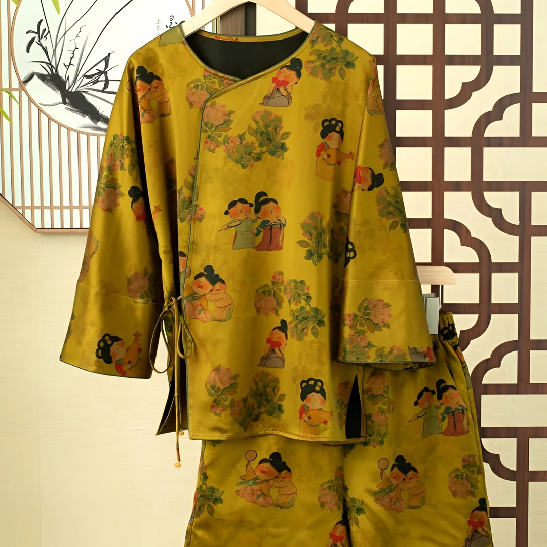 夏季成人仕女图常规款真丝新中式汉服印花休闲黄色女士