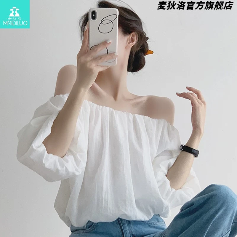 白色衬衫女一字肩宽松慵懒休闲2025早春上衣长袖设计感小众短款