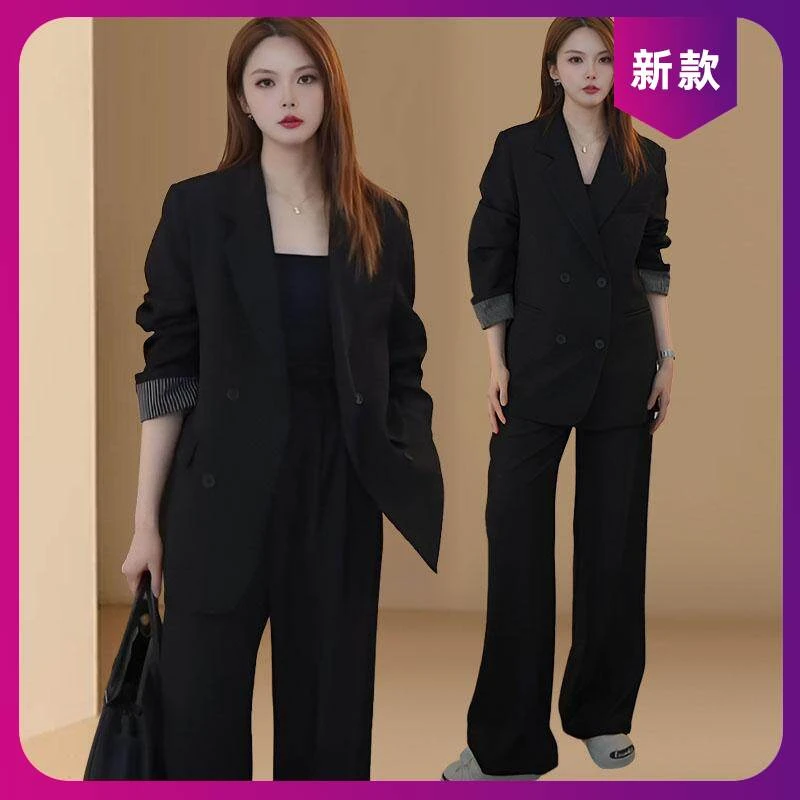 高级感上衣两件套2025西服春秋小个子新款宽松黑色韩系阔腿裤外套