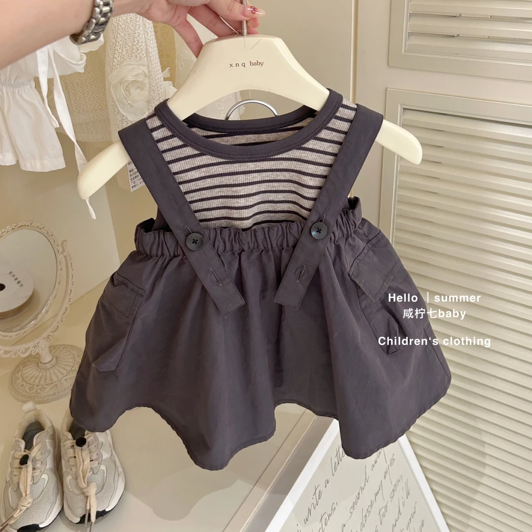 【咸柠七】女童背带裙夏装新款儿童工装裙韩版条纹背心T恤洋气套装