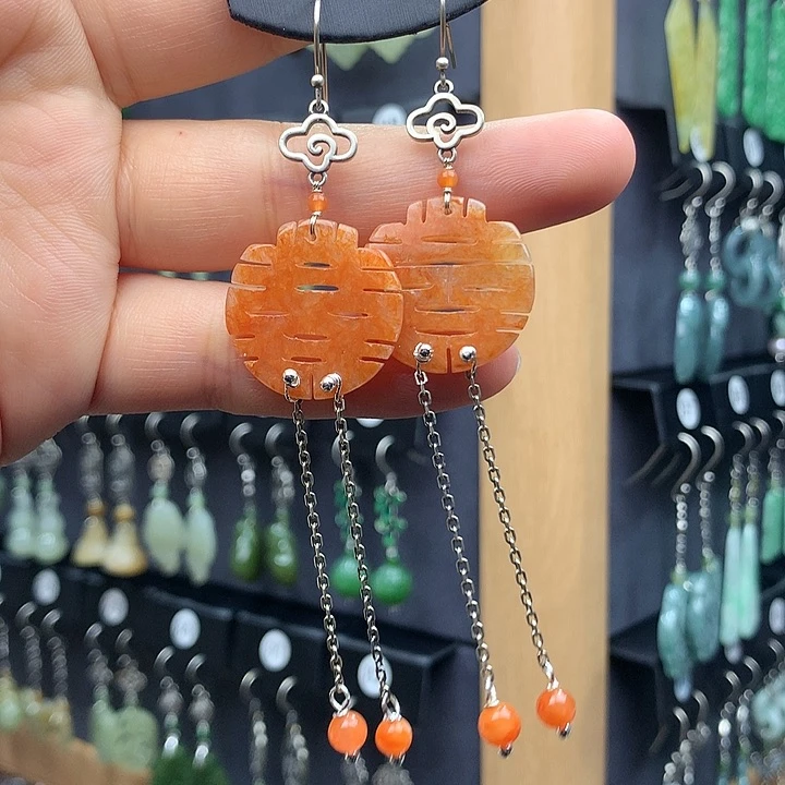 翡翠耳饰银S925镶嵌晨**吖