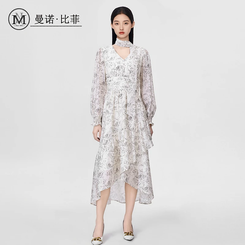 【艾美甄选】碎花v领不规则连衣裙MFEL112242