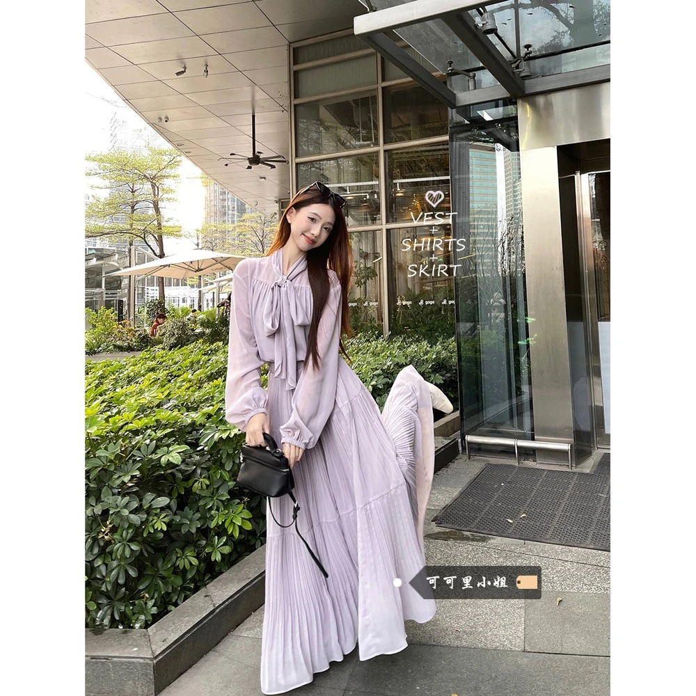 她他百伦法式气质蝴蝶结长袖衬衫高腰显瘦半身长裙女2025春季新款