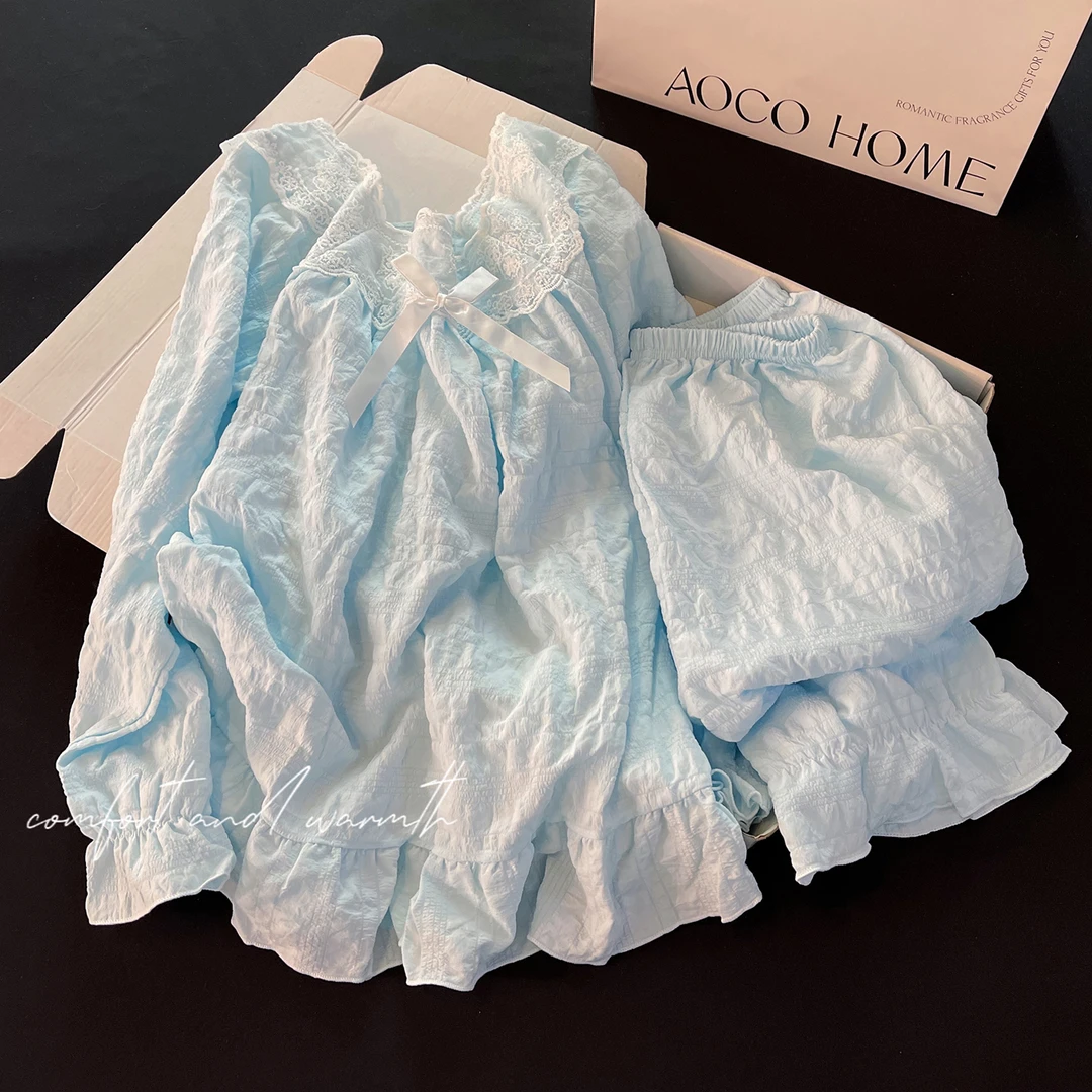 睡衣女春秋休闲蓝色蝴蝶结长袖长裤外穿宽松家居服2025年新款套装