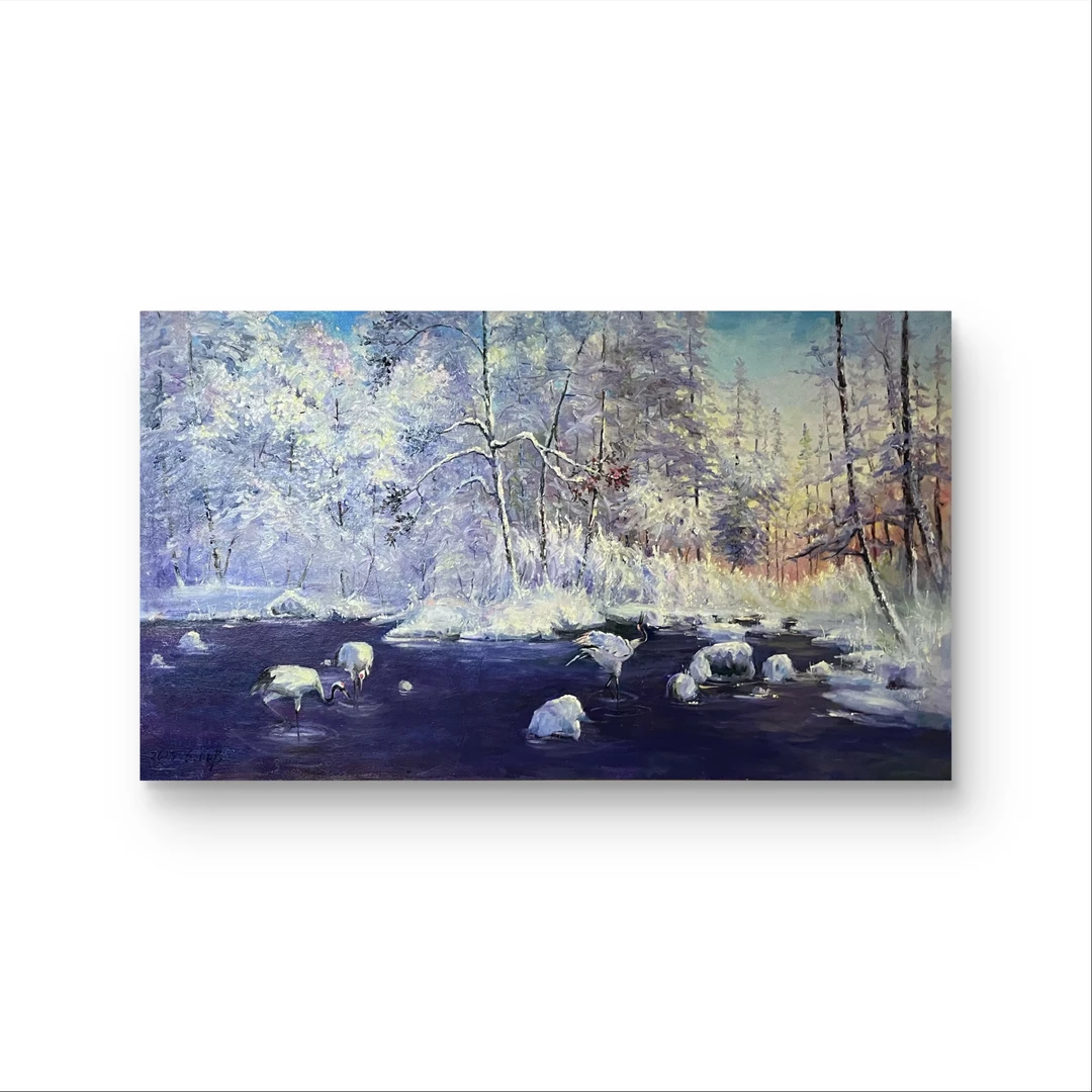 王彬《雪中鹤》布面油画160×90CM