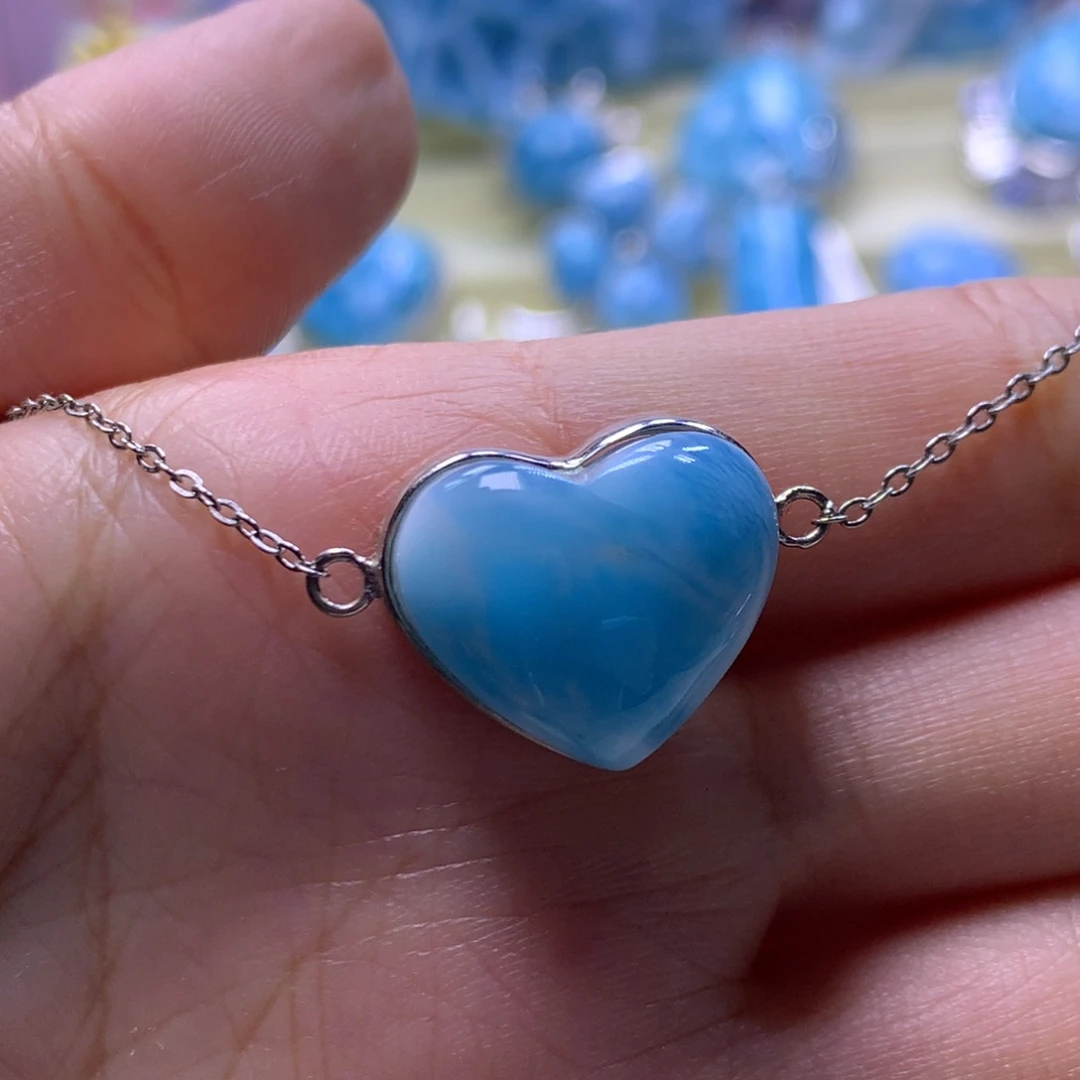 针钠钙石（海纹石）银S925镶嵌手链爱心手链色差略异