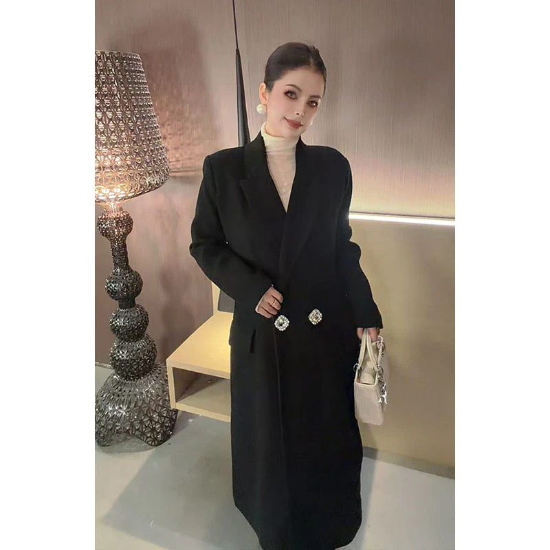 西装领大钻扣拼接蝴蝶结毛呢外套WT31255