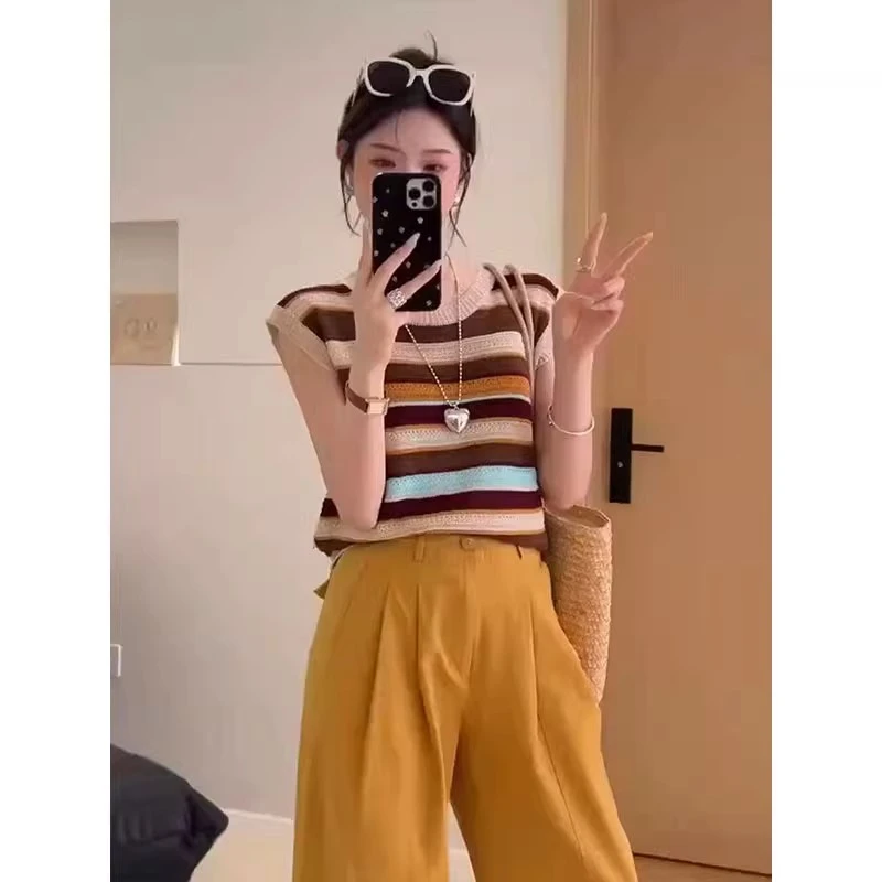 夏季撞色条纹针织衫冰丝t恤上班族通勤风女装高级感独特漂亮小衫