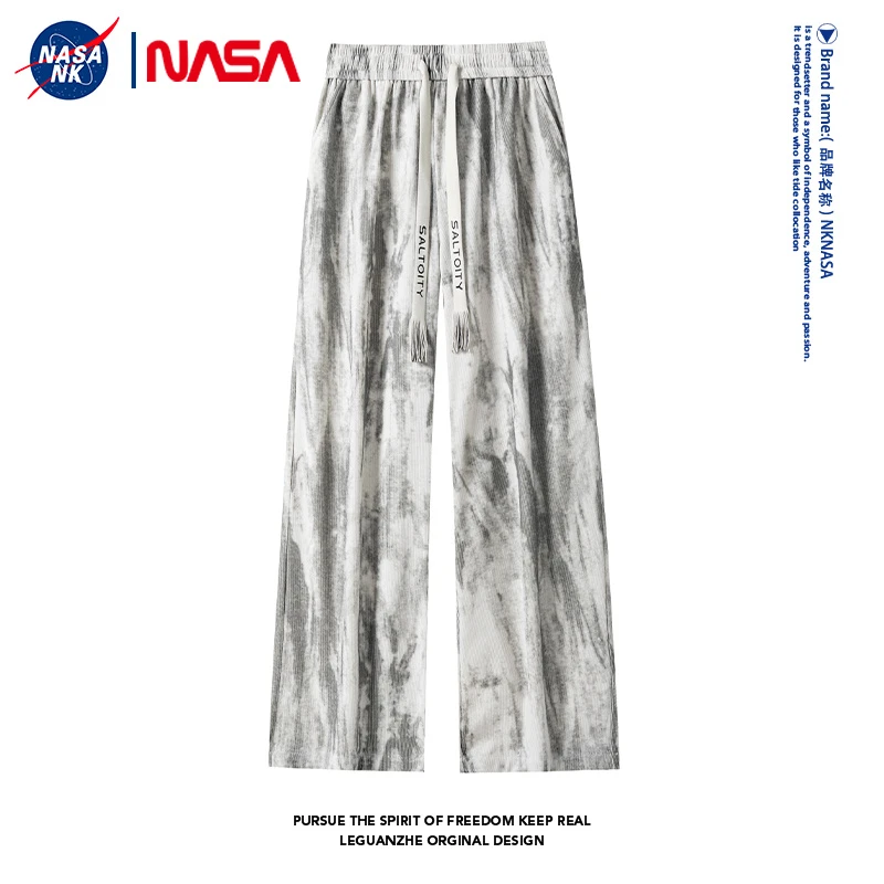 NASA联名扎染斜切休闲裤男春秋季美式宽松直筒长裤男士运动阔腿裤