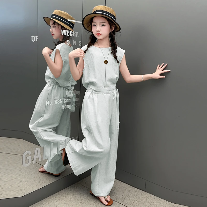 欧若风女童女孩棉麻套装夏季新款洋气时尚背心夏装潮流潮款两件套