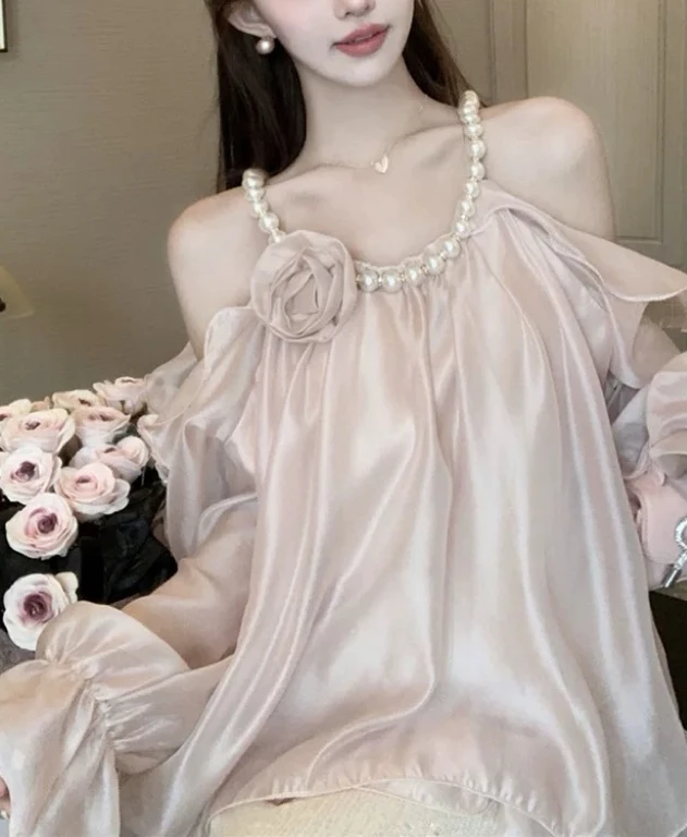 【叁月】立体花朵珍珠挂脖露肩仙女漂亮好看缎面衬衫法式设计感衬衣