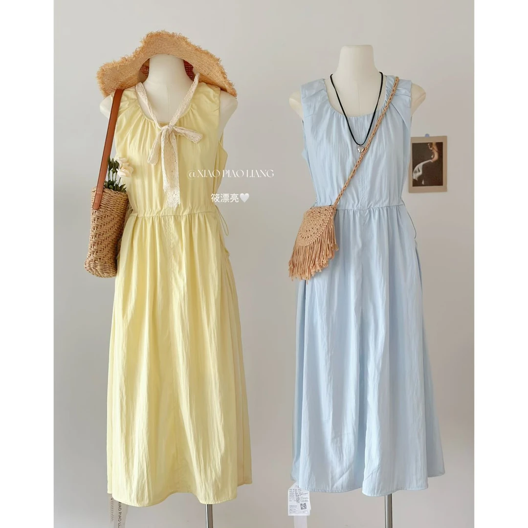 2025夏季韩系通勤简约休闲减龄抽绳收腰显瘦无袖连衣裙7828#0.1