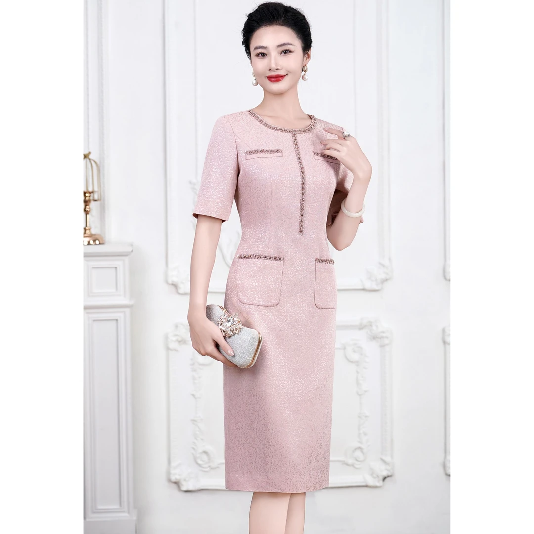 圆领显瘦连衣裙喜妈妈装礼服裙子时尚修身女装中长裙夏季气质