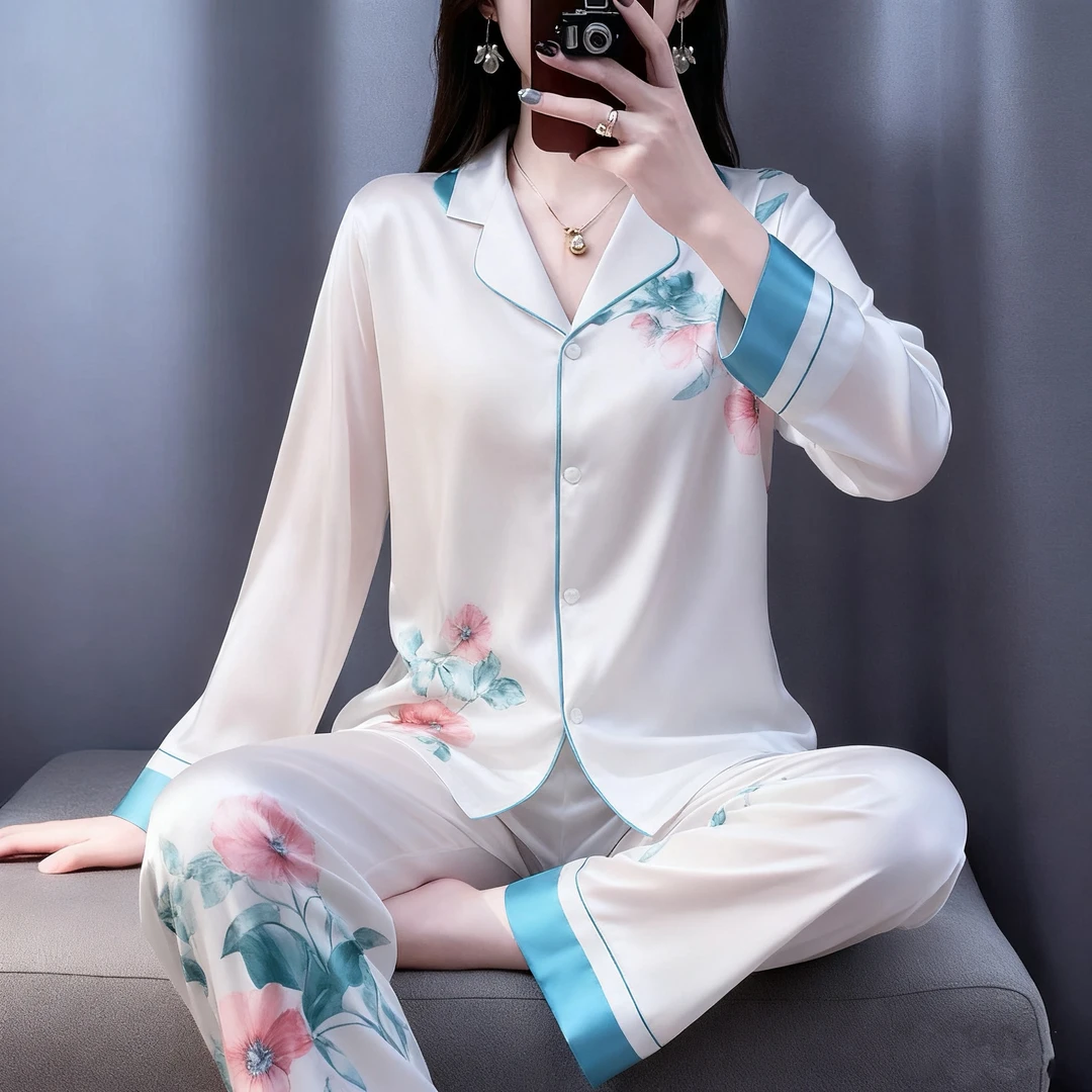 GIOIO【品牌】夏季新款长袖长裤短袖荷塘月色冰丝休闲睡衣可外穿