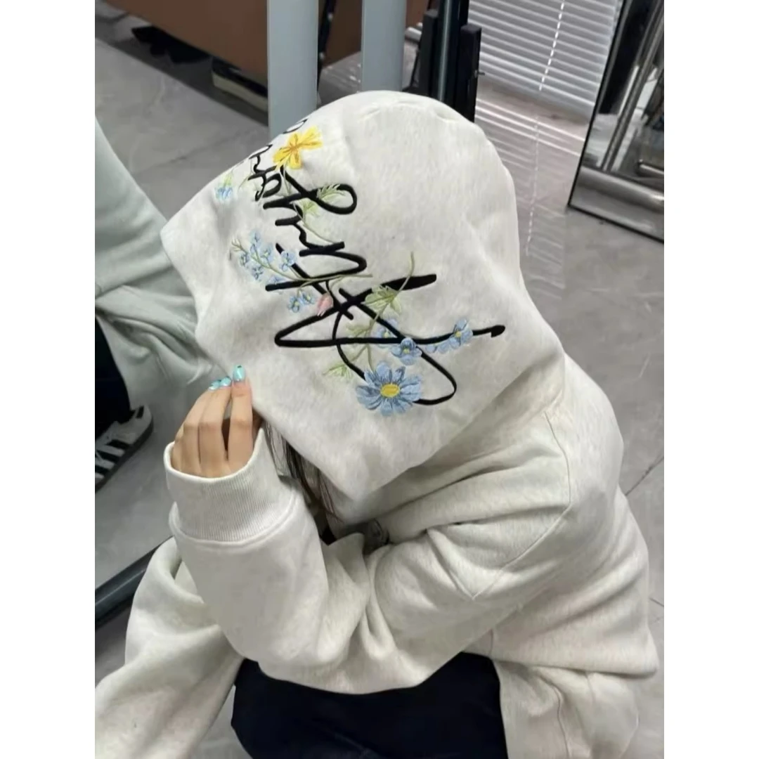 美式字母花卉刺绣连帽长袖卫衣男女慵懒风休闲宽松早秋薄款上衣服
