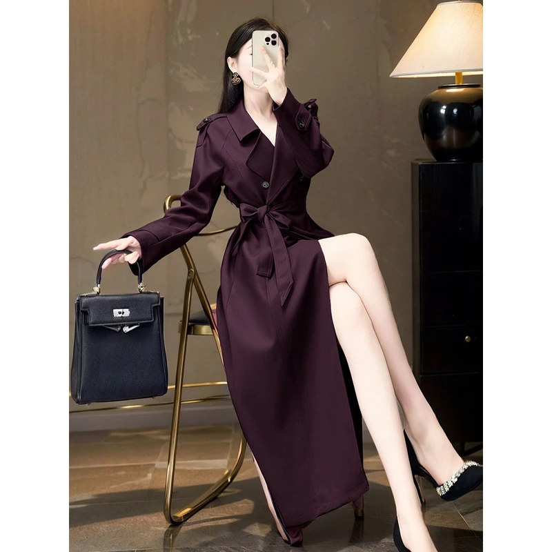 2025年秋冬新款酷飒拽姐穿搭系带收腰紫色垂感轻奢时尚风衣外套女
