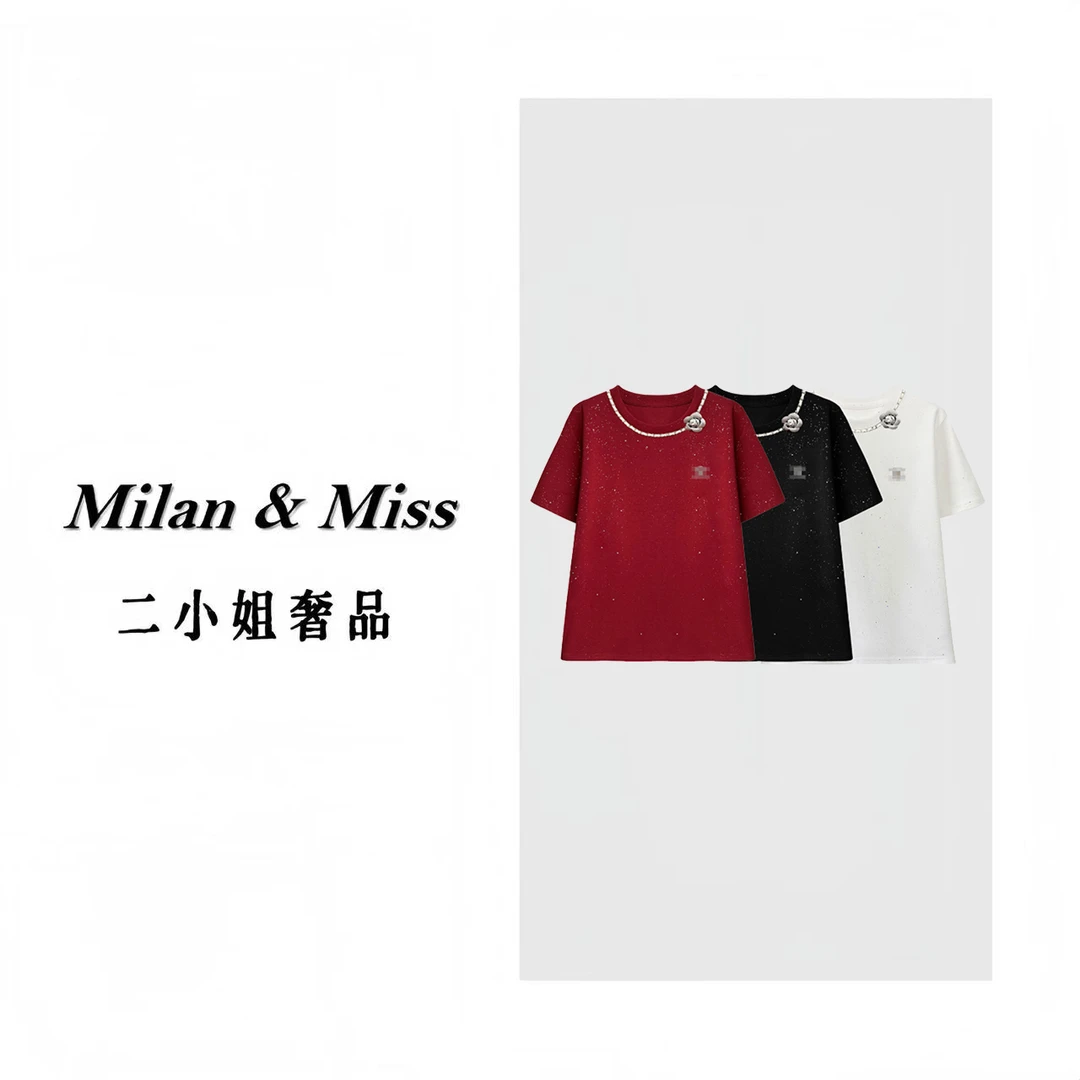 #68051#CSIN轻奢圆领时尚烫钻T恤衫2025夏百搭显瘦设计师个性上衣