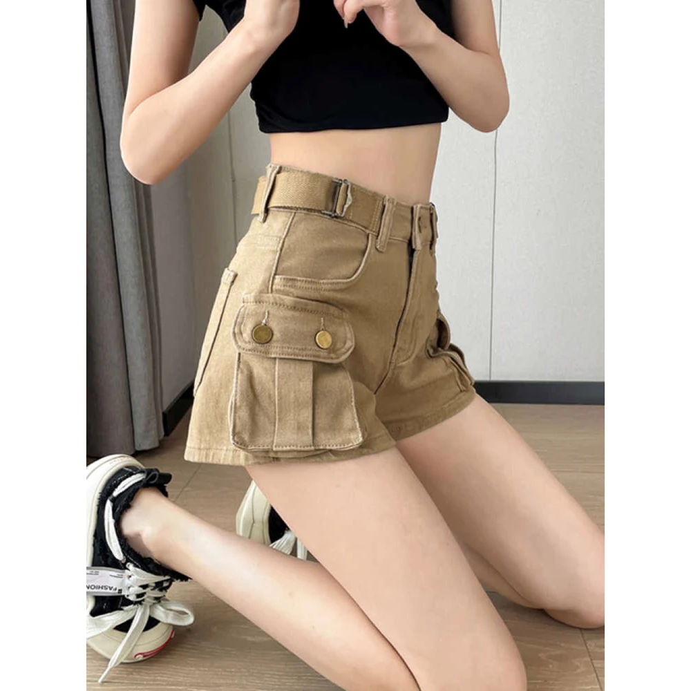 美式复古辣妹卡其色工装牛仔短裤女2025春夏新款高腰显瘦休闲热裤