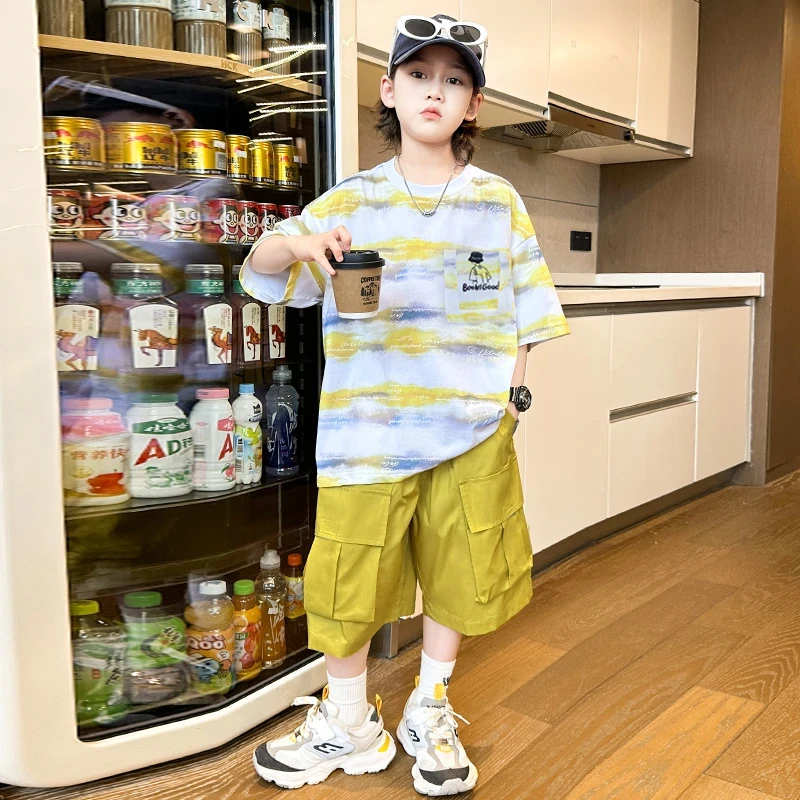 男童夏款套装2025新款休闲短袖套装网红潮中大童运动宽松条纹套装
