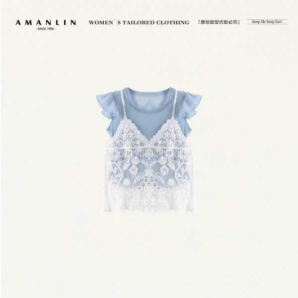 AMANLIN/阿谩琳时尚百搭夏季欧若风套头蕾丝上衣两件套TL597086