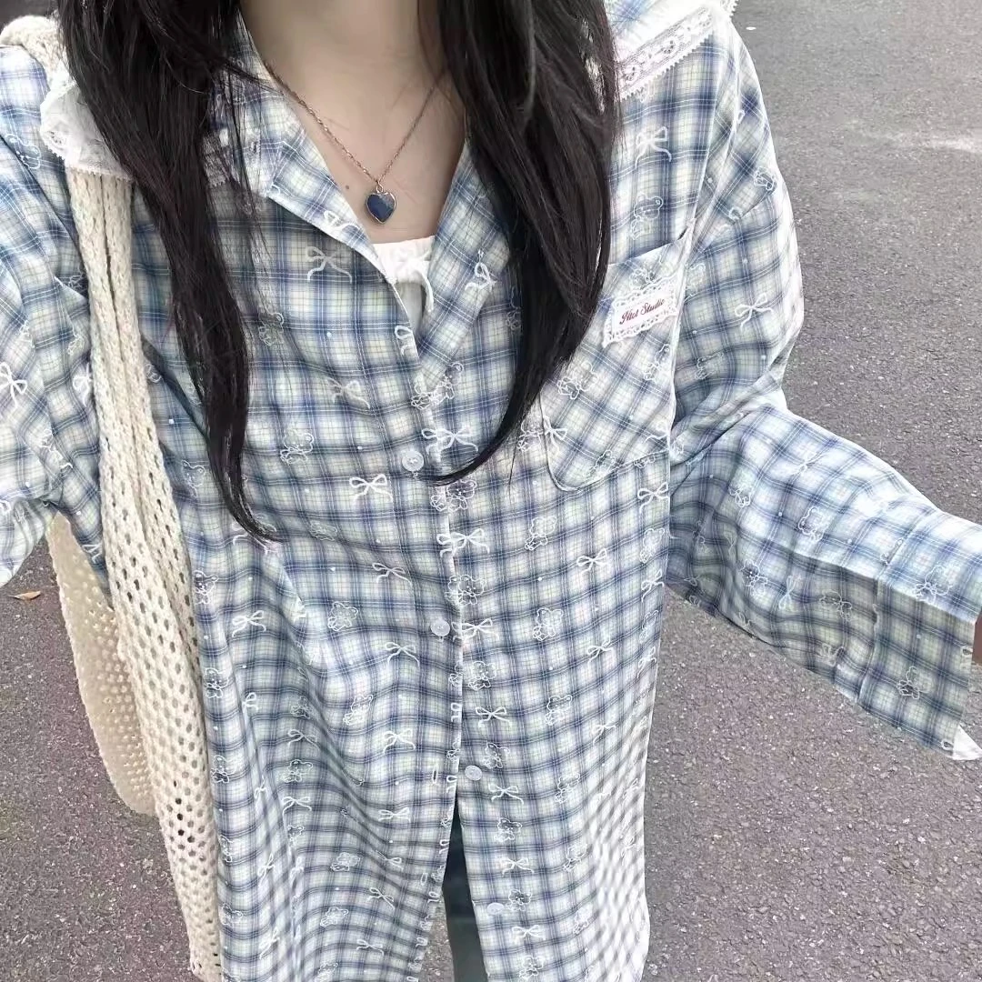 少女甜酷蕾丝外套女衬衫2025夏季新款薄款长袖上衣蝴蝶结印花格子