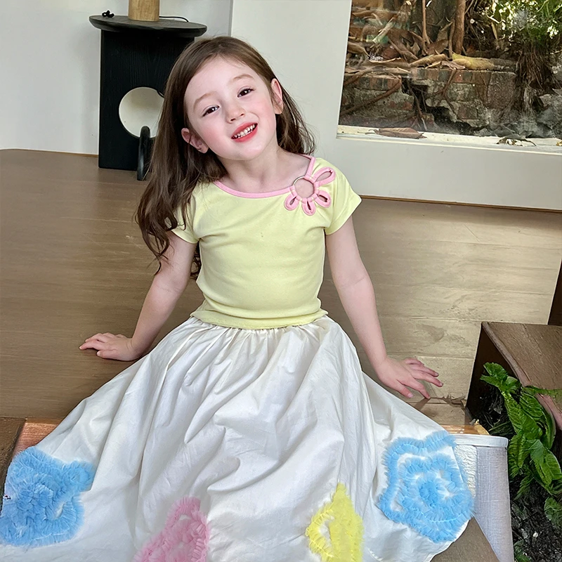 栀了成长记童装女童黄色时髦短款上衣夏2025新款儿童洋气短袖T恤