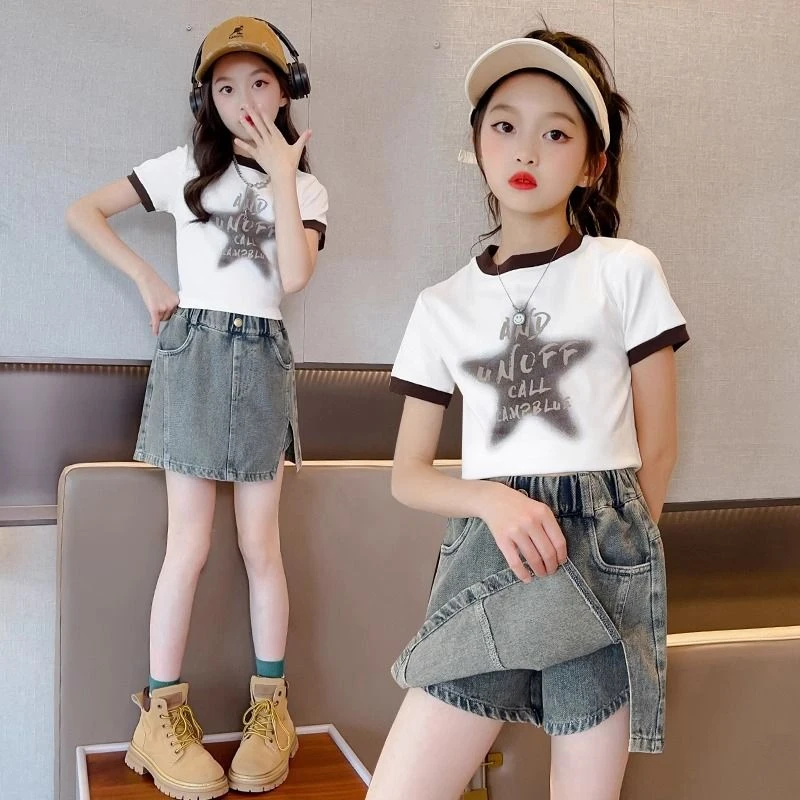 女童套装2025夏季新款t恤牛仔短裤裙两件套儿童中大童装夏款夏装