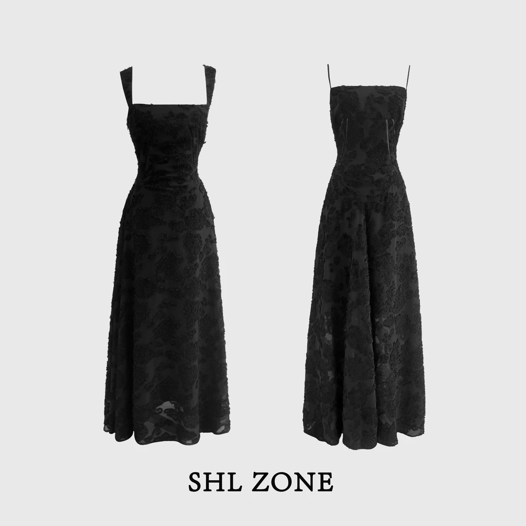 舒胡蕾 梦里花 提花面料女装吊带长裙气质显瘦夏季黑色修身小众