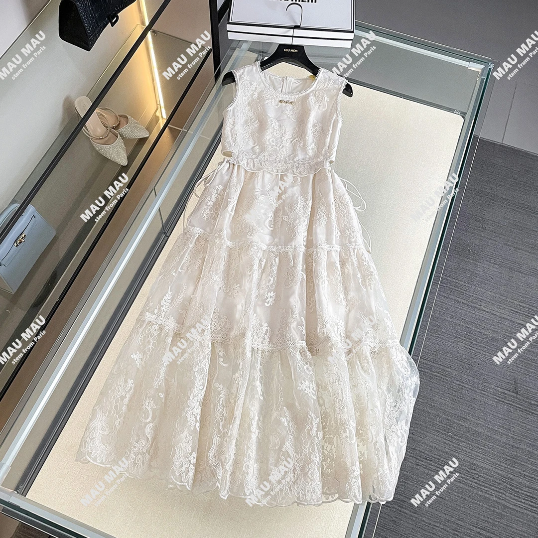 2026夏季法式小香风刺绣露腰抽绳长款背心连衣裙DY7411