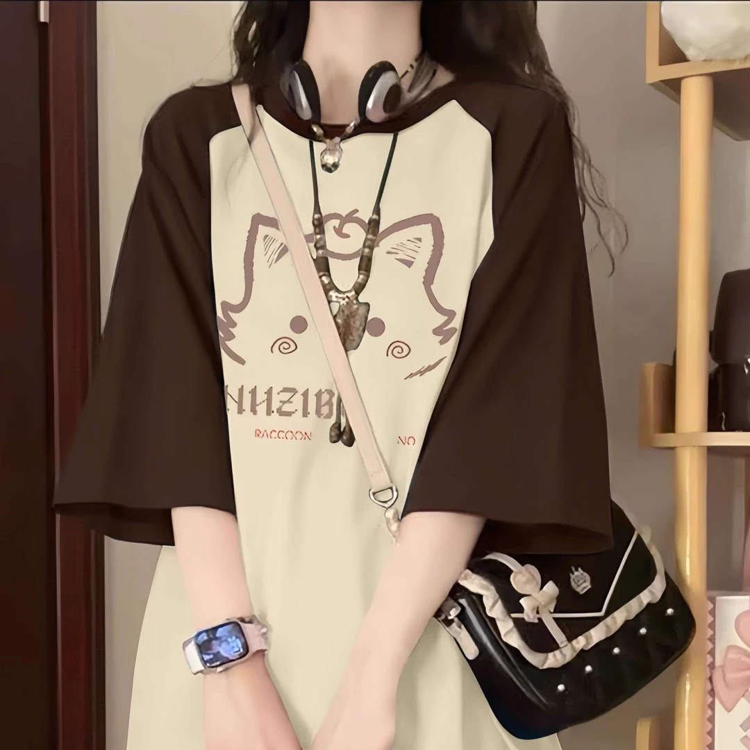 FAVMARTHA美式覆古插肩短袖t恤女大童夏季装2025初中高中学生宽松