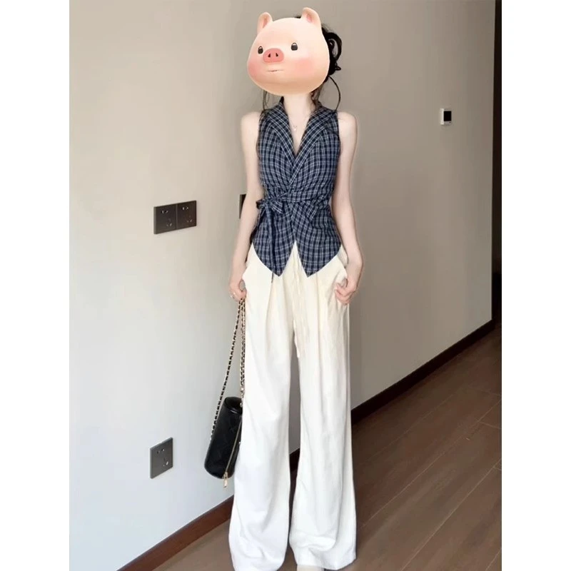 蓝色V领蝴蝶结格子吊带背心女夏季外穿2025初夏穿搭修身无袖上衣