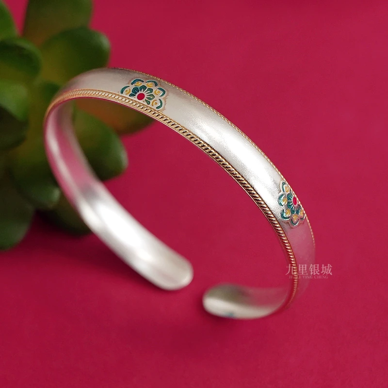 足银手镯 9999纯银描金宝相花描金珐琅手镯简约民族风古法银镯子