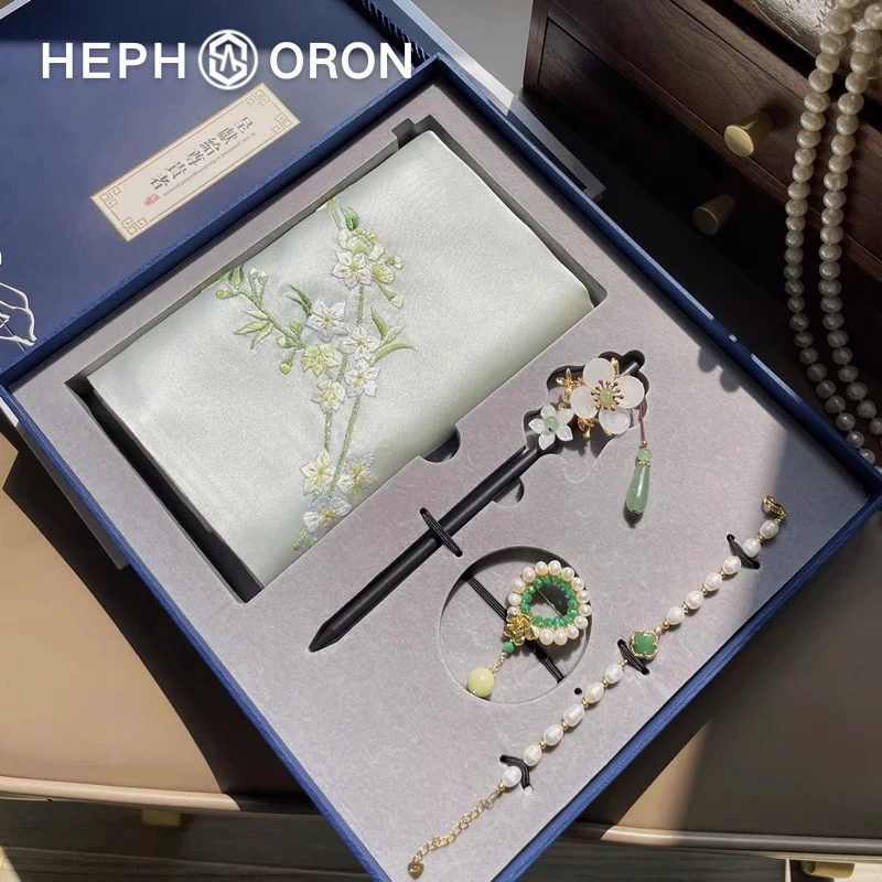 HEPHSORON苏绣丝巾礼盒蓝色山茶花刺绣送长辈披肩桑蚕丝真丝围巾