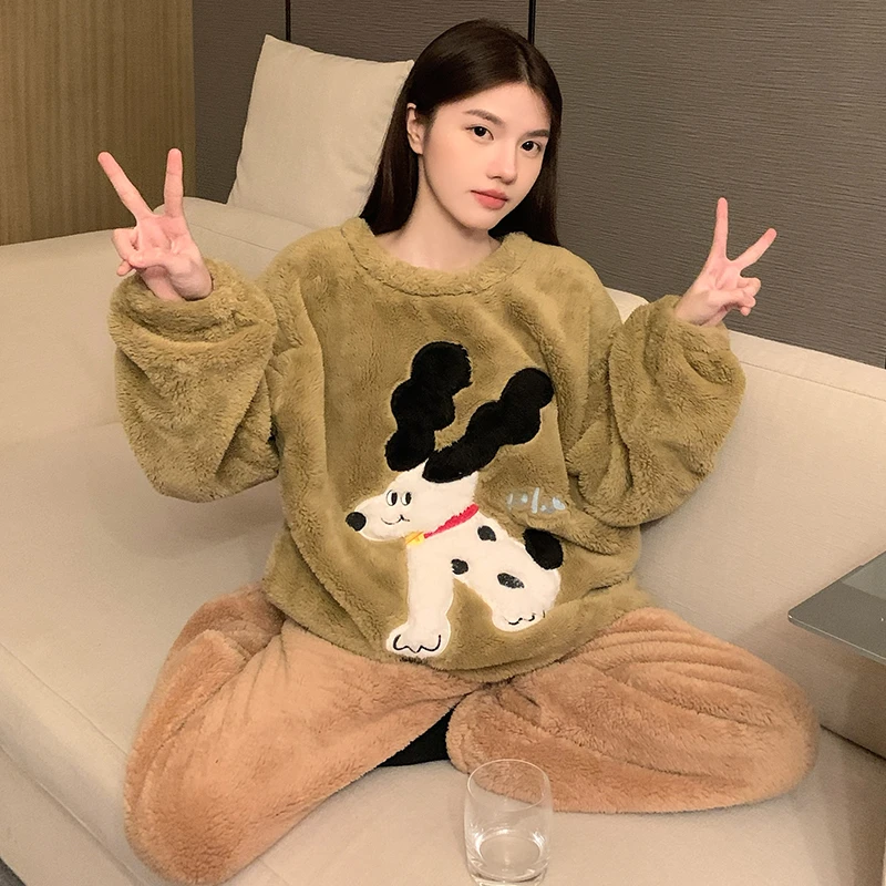 冬季加厚加绒睡衣女款爆款2025新款长毛绒卡通小狗套装学院风家居