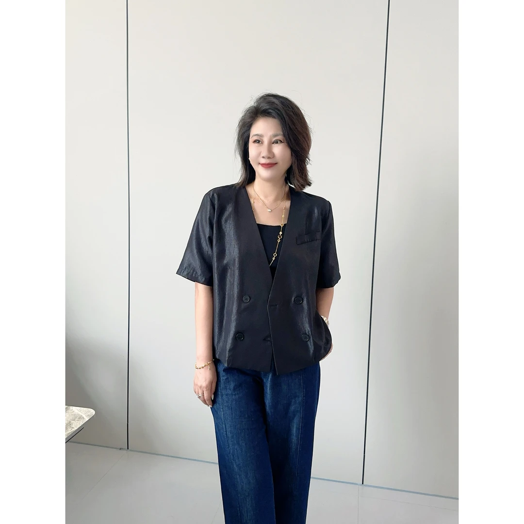 微胖女装【珠光小外套】珠光V领双排扣小西装夏季新款半袖外套872