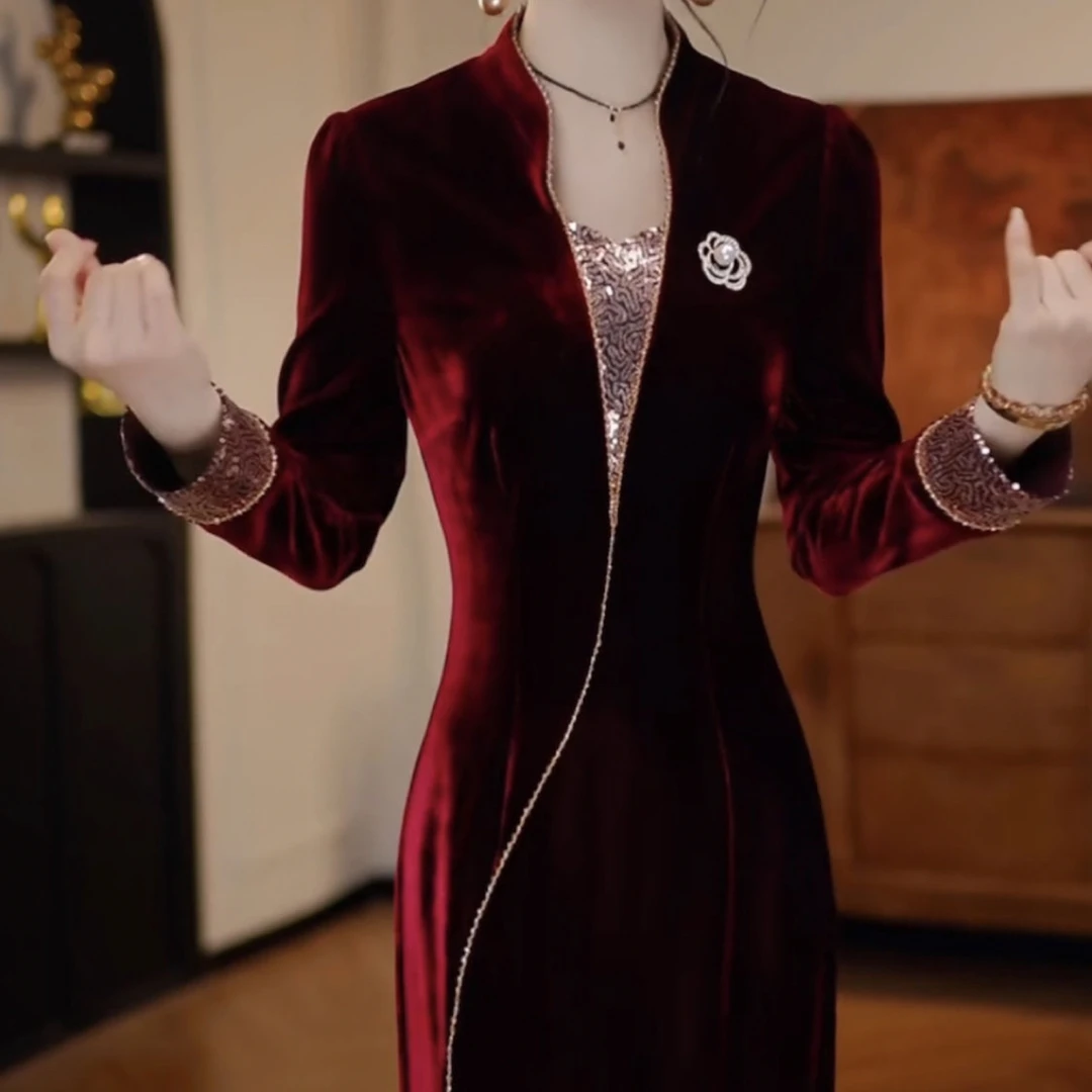 高级莫斯卡丹绒气质洋气优雅礼服裙2025秋季女装新款超仙奢华裙子