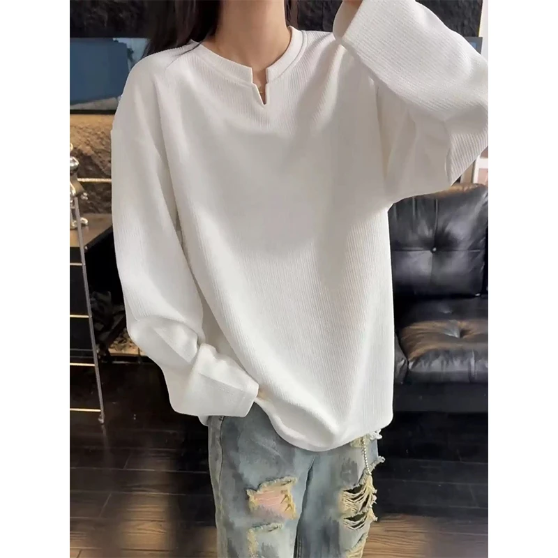 白色V领长袖T恤男款秋季oversize肌理感休闲卫衣慵懒风重磅打底衫